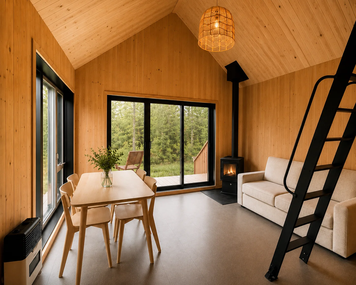 Wood-lined interior of a Lac-Mégantic cottage rental