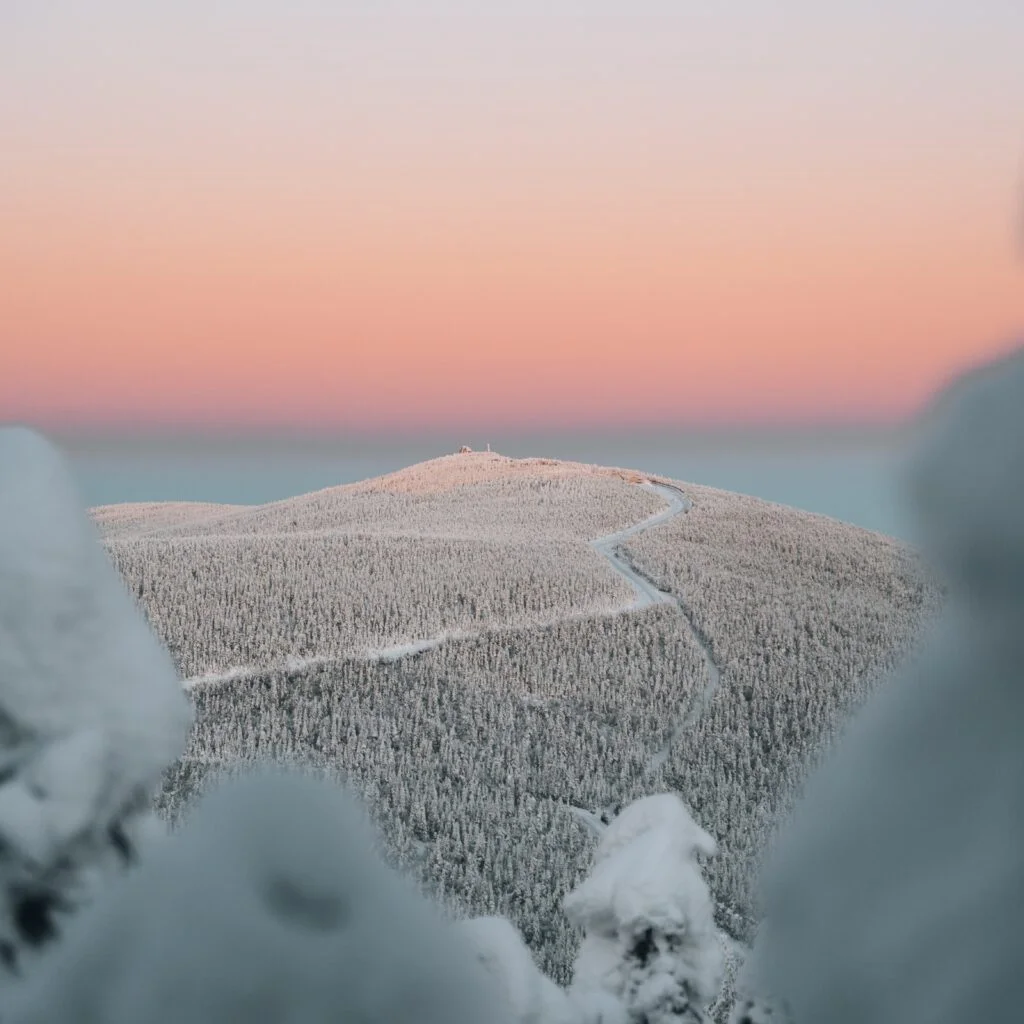 View of Mont Gosford at sunset in winter