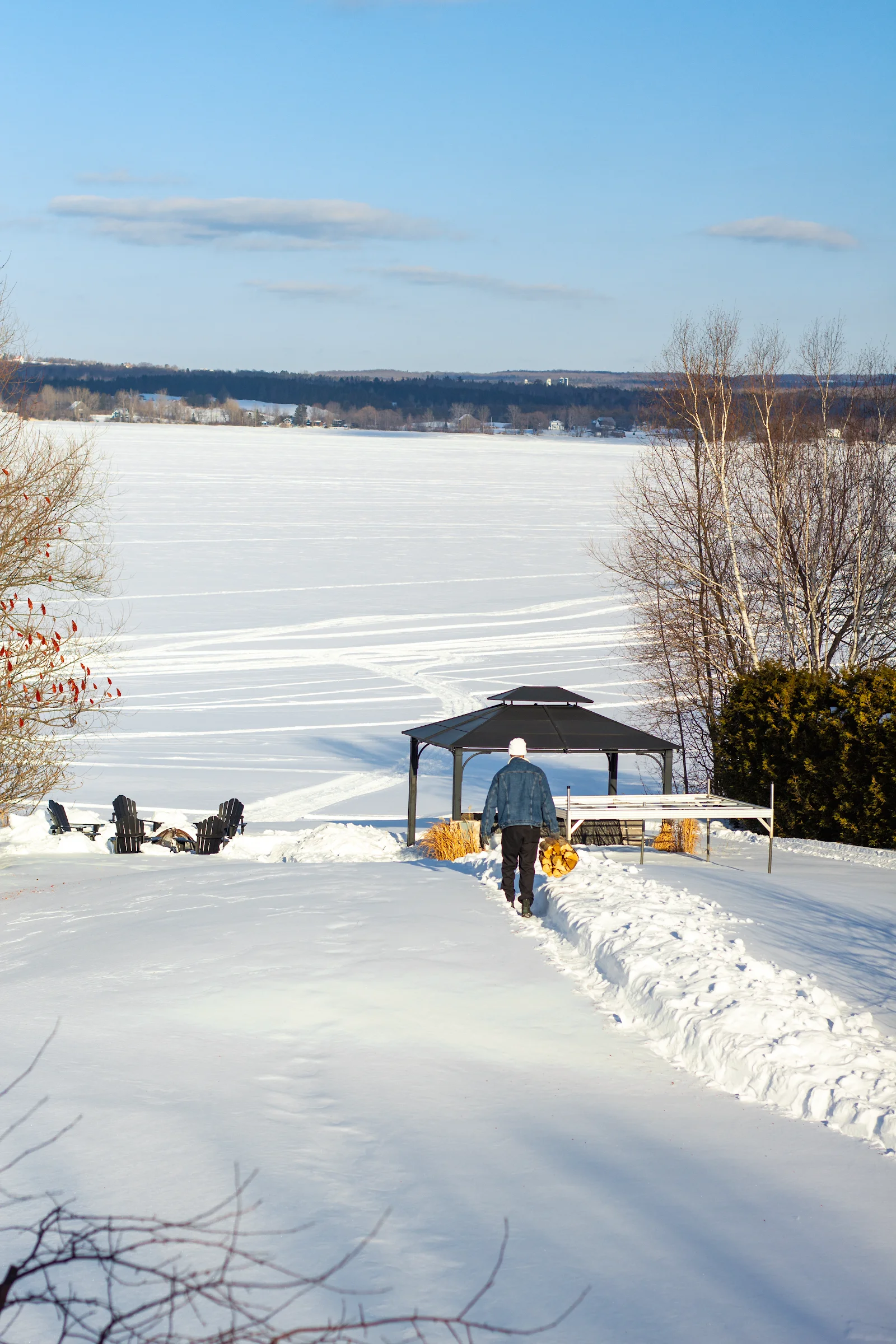 Terrain enneigé, gazebo et lac gelé devant La Maison de Cèdre