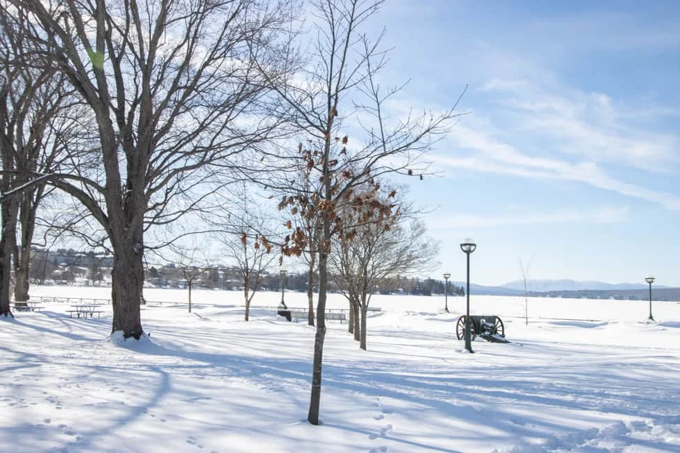 Parc des Vétérans enneigé et lac gelé, en face du condo